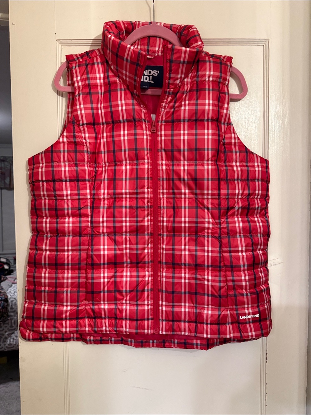 Lands' End Red Plaid Quilted Vest